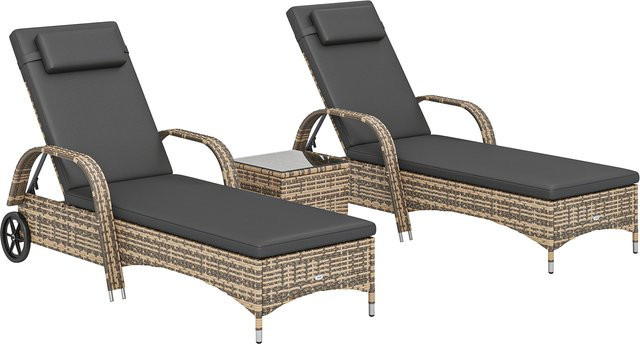 Aosom Outsunny Gartenmöbel Set aus Polyrattan mit 2 Sonnenliegen und Couchtisch, Dunkelgrau - Bild 1