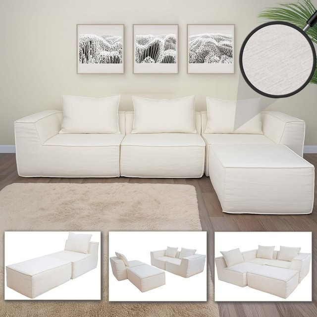 L-Sofa MCW-O54 Lounge-Couch mit Ottomane, modular erweiterbar links/rechts, Stoff, Creme/Beige, B: 270 cm, T: 63 cm, H: 190 cm - Bild 1