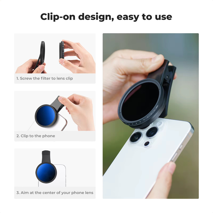 K&F CONCEPT ND-Objektivfilter-Set für Smartphone-Kameras, Clip-on Filter mit stufenloser ND 2-400 Verstellung von 1 bis 9 Blendenstufen, Schwarz, 52 mm - Bild 3