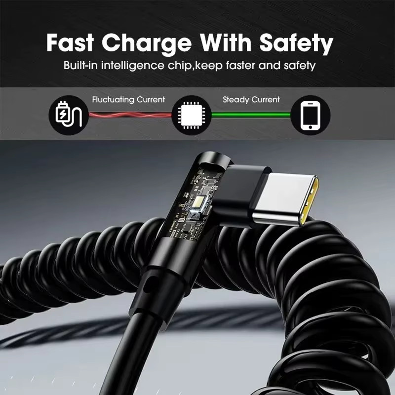 Aufrollbares 120W USB-C-zu-USB-C Schnellladekabel in Schwarz mit rechtwinkligem Anschluss für iPhone, Samsung und Xiaomi sowie Carplay-Unterstützung - Bild 5
