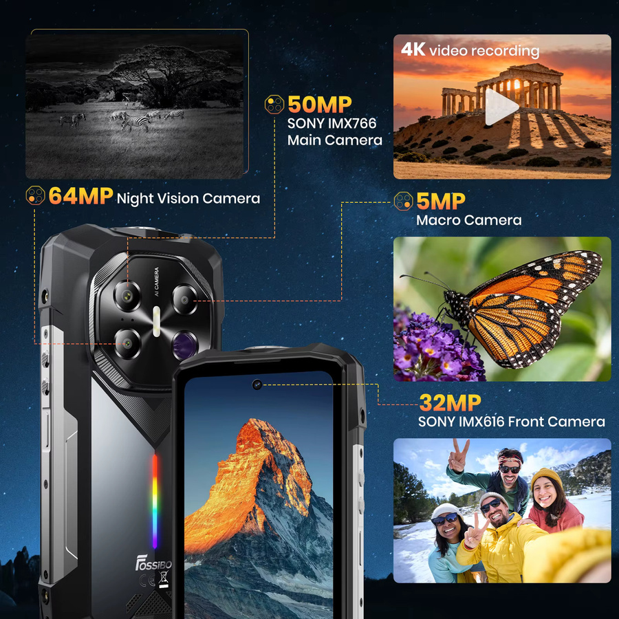 Fossibot F113 Robustes Smartphone in Schwarz mit 256 GB Speicher, 36 GB RAM, 5G, 6,78 Zoll 120 Hz Display, 20000 mAh Akku, Android 15, 64 MP Kamera, IP68 und NFC - Bild 2