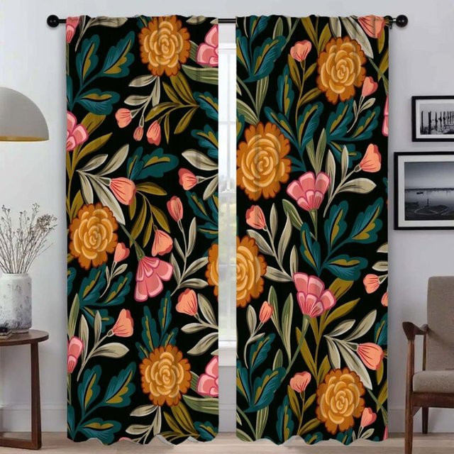 Vintage Verdunkelungsvorhang mit Grafikprint, 2er-Set Mückenschutzvorhänge für Schlafzimmer und Wohnzimmer, Mehrfarbig, Breite: 50 cm, Höhe: 70 cm - Bild 1