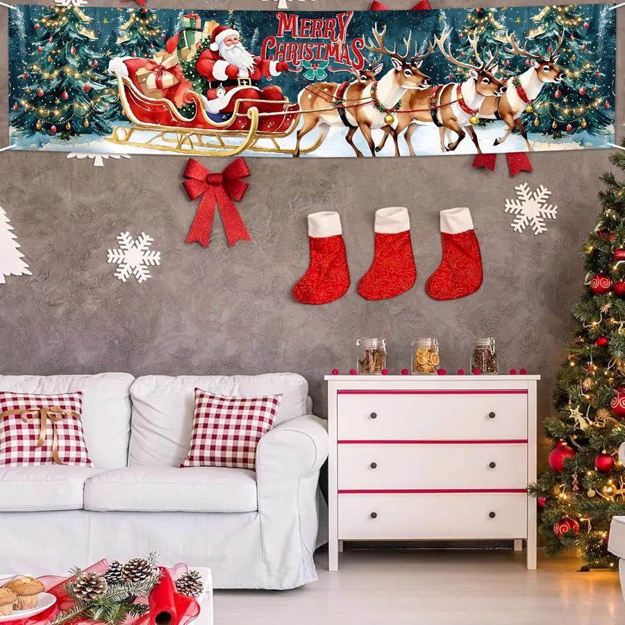 VIKAMA Frohe Weihnachten Banner mit Weihnachtsmann und Rentier zur Weihnachtsfeier und Neujahrsdekoration - Bild 4