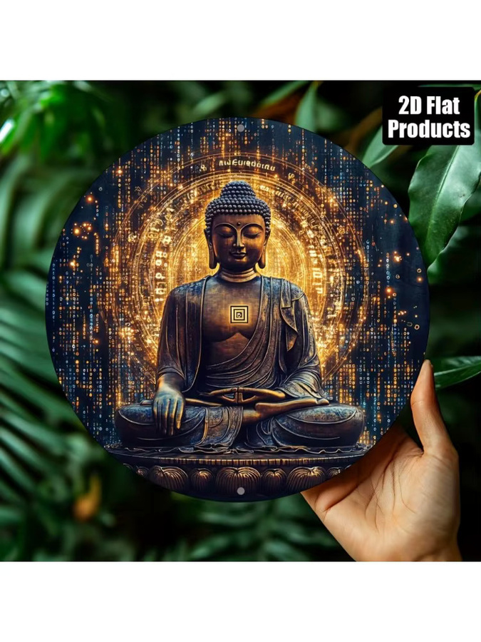 HELLOYOUNG Metallschild Buddha-Statue kreisförmiges Weißblechgemälde mit abstraktem orientalischem Design Durchmesser: 20 cm - Bild 5