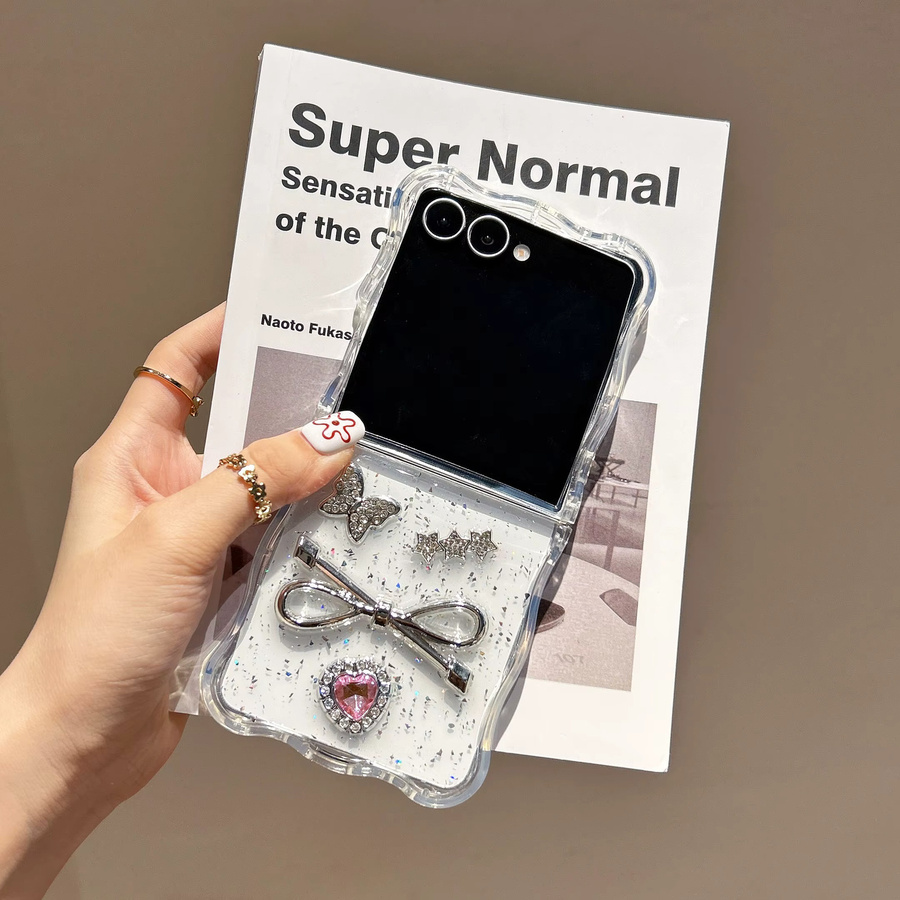 Vover 3D Bowknot Handyhülle mit Edelstein und Glitter für Samsung Galaxy Z Flip 7 6 5 4 3, transparent mit Kette und stoßfestem Schutz - Bild 3