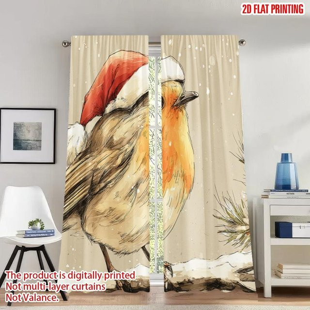 Tonnika Chen Weihnachtsvorhänge Set mit Rotkehlchen und Schnee aus Polyester, 2er Set, B: 100 cm, H: 70 cm - Bild 1