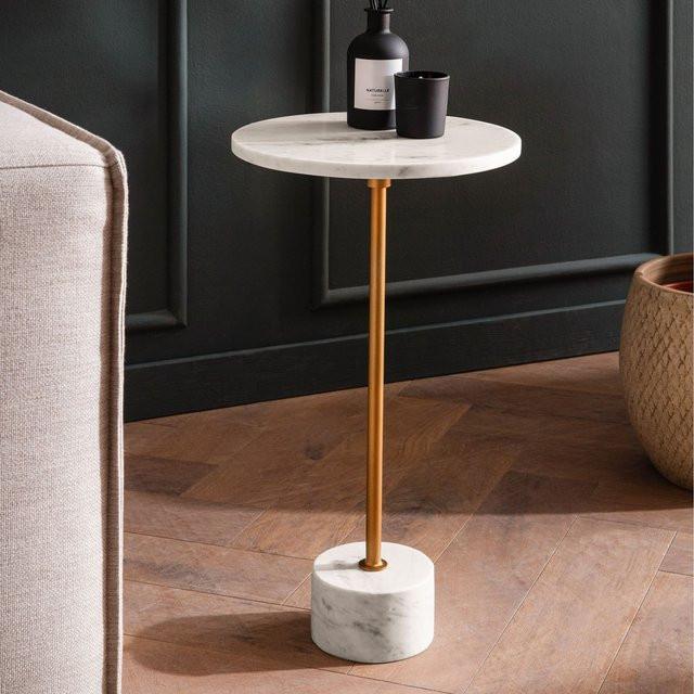 Beistelltisch FineBuy aus echtem Marmor in Weiß und Gold, runder Wohnzimmertisch mit Maserung, Durchmesser: 30 cm, Höhe: 55,5 cm - Bild 1