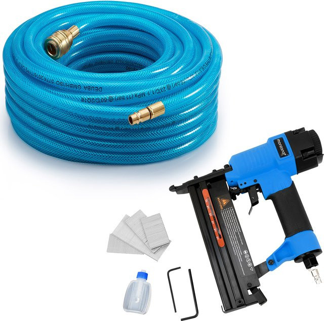 Monzana Druckluft-Tacker Set mit 20m Druckluftschlauch in Blau-Schwarz - Bild 1