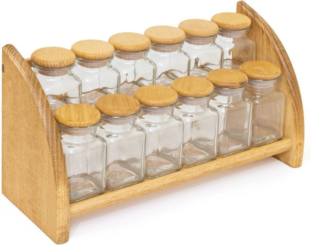 HolzFee Gewürzbord aus Buche in Braun mit 12 Glas-Gewürzdosen, Wandmontage, B/H/T: 39,0 x 19,0 x 14,0 cm - Bild 1