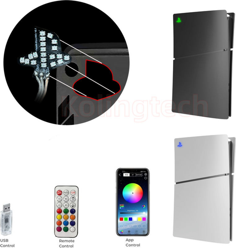 JazPlate RGB LED Logo Licht für PS5 Slim und PS5 Pro mit Musik-Synchronisierung, mehrfarbige DIY-Dekoration aus Kunststoff - Bild 1