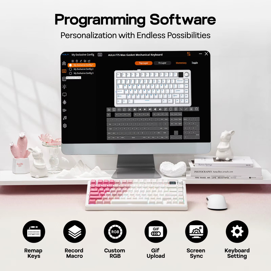 EPOMAKER X AULA F75 MAX Mechanische Gaming-Tastatur 75% ANSI US Layout Tri-Mode Kabellos mit Metallknopf und TFT-Bildschirm in Pink und Weiß - Bild 2