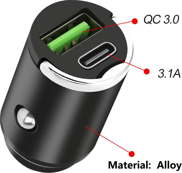 Mini USB Schnellladegerät für das Auto mit QC 3.0 und USB-C Anschluss in Schwarz - Bild 1