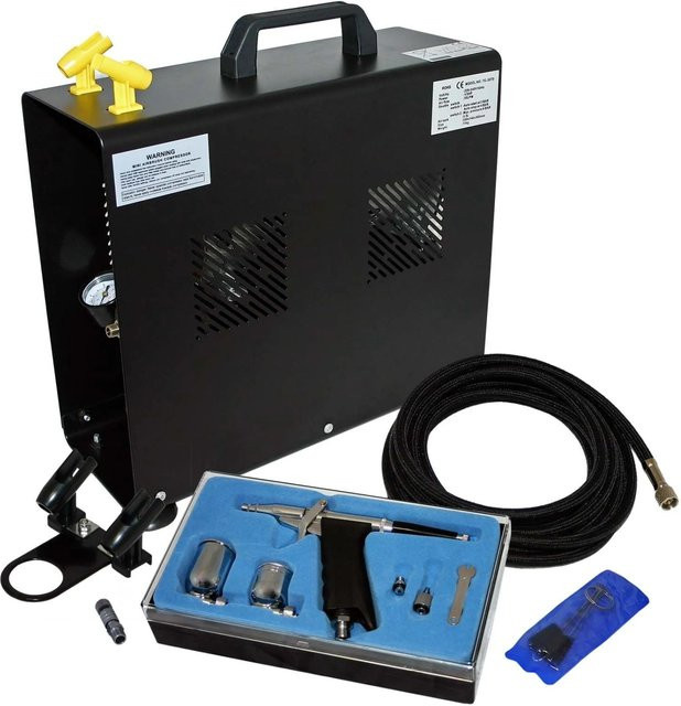 Wiltec Airbrush Kompressor Set AS196A mit Airbrushpistole DA116 und Reinigungsset in Schwarz und Multicolour - Bild 1