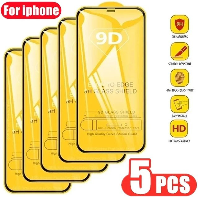 5 Stück Schutzfolien aus gehärtetem Glas mit schwarzem Rand für iPhone 15 Pro Max, 14 Plus, 13, 12, 11, SE 2. und 3. Generation, transparent - Bild 1