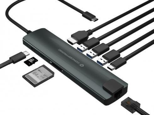 Conceptronic DONN06G USB-C Dockingstation mit HDMI 4K UHD, RJ-45 Ethernet, USB-A und SD/MicroSD Kartenleser in Schwarz und Silber - Bild 1