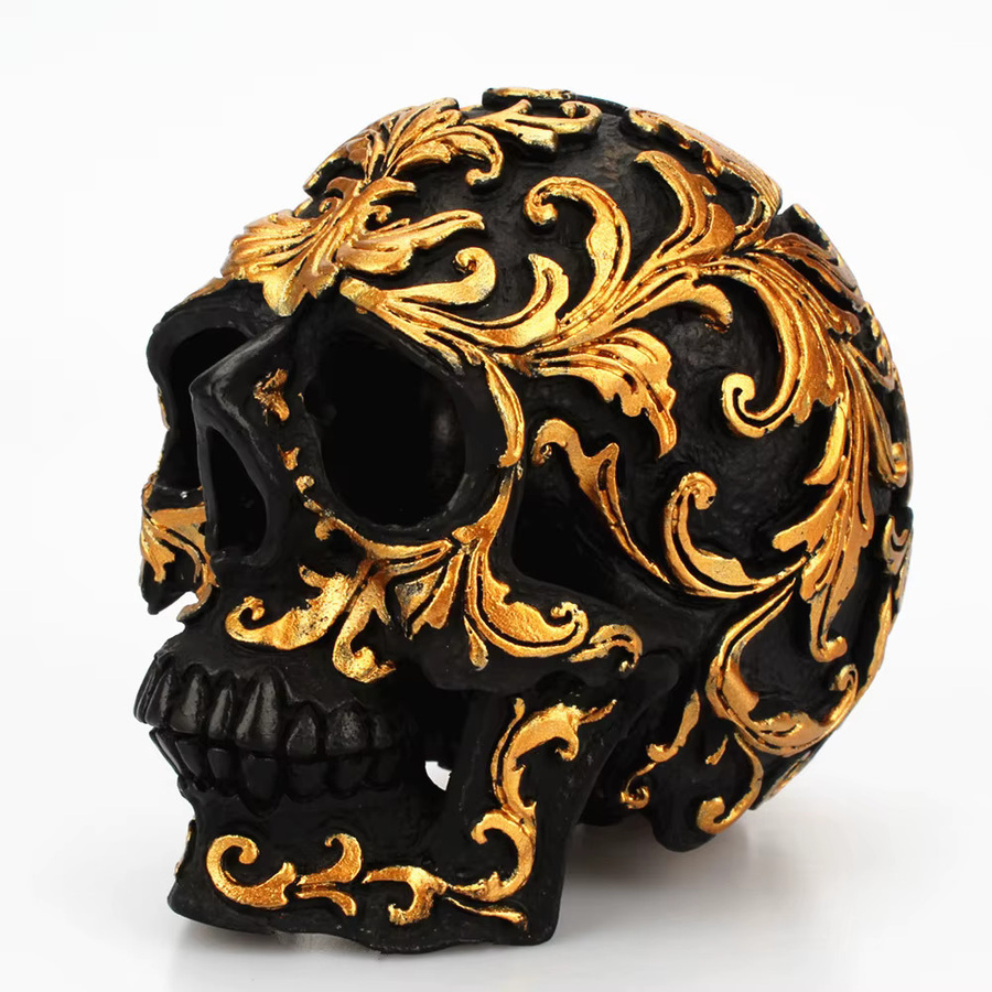 MINIDEAL Schädel Skulptur aus Harz in Schwarz und Gold als Halloween Dekoration - Bild 2