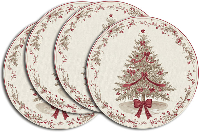 VIKAMA 4-teiliges Weihnachts-Tischset aus Leinen mit floralem Design, rund, mehrfarbig - Bild 1