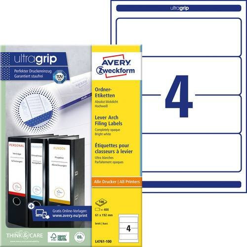 Avery Zweckform Ordner-Etiketten L4761-100, Aktenetiketten aus Papier, Weiß, B: 6,1 cm, H: 19,2 cm, 400 Stück - Bild 1