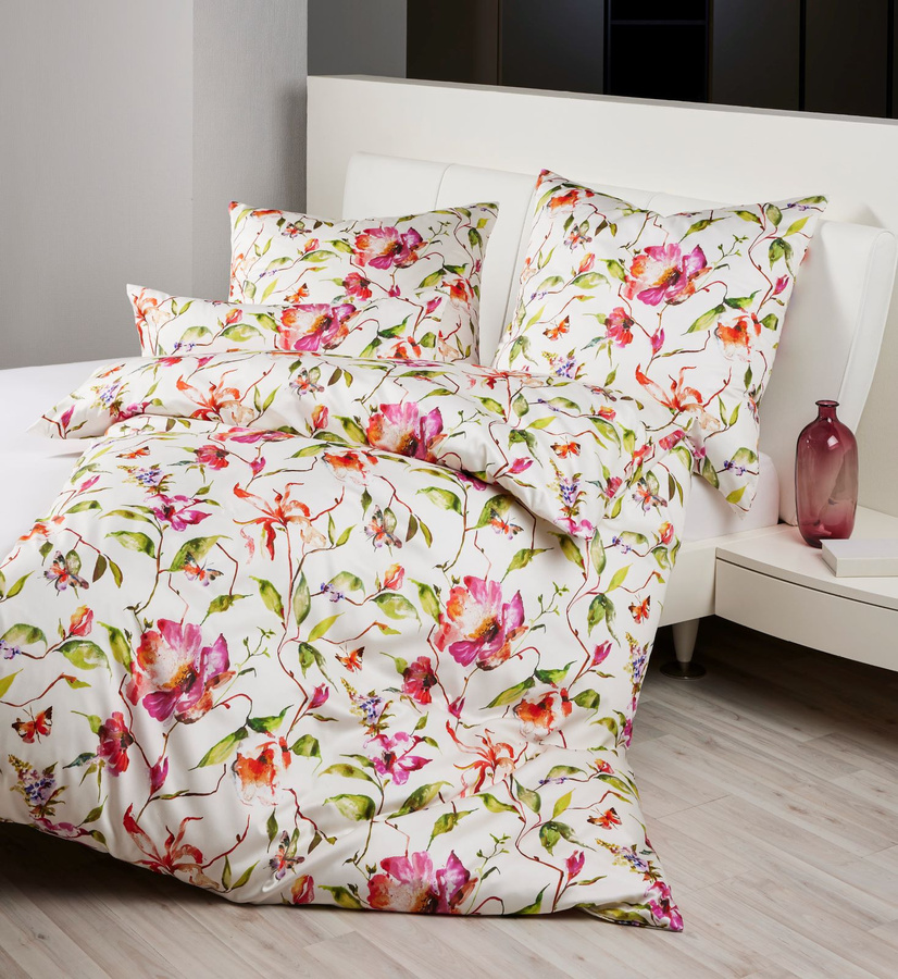 Milano 45111 Janine Kissenbezug mit Reißverschluss aus Mako-Satin und gekämmter Baumwolle, Floral, Natur, Multicolour/Weiß, 40 x 80 cm - Bild 1