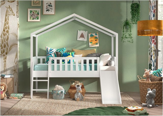 Hausbett Dallas von Vipack aus Kiefer mit Leiter und Rutsche, Farbe Weiß, Liegefläche B/T: 90 x 200 cm - Bild 1