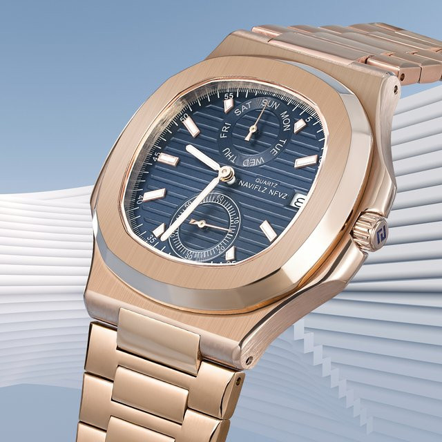 NAVIFLZ Herrenuhr, Roségold, Edelstahl, Quarz, 40 mm, Saphirglas, Datum - Bild 1