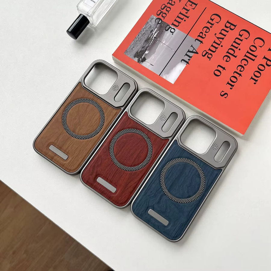 Huyangmu Leder-Handyhülle mit Holzmaserung und magnetischer Absaugung passend für Apple iPhone 17, 16, 15, 14, 13, 12 Pro Max in Metallfarbe - Bild 1