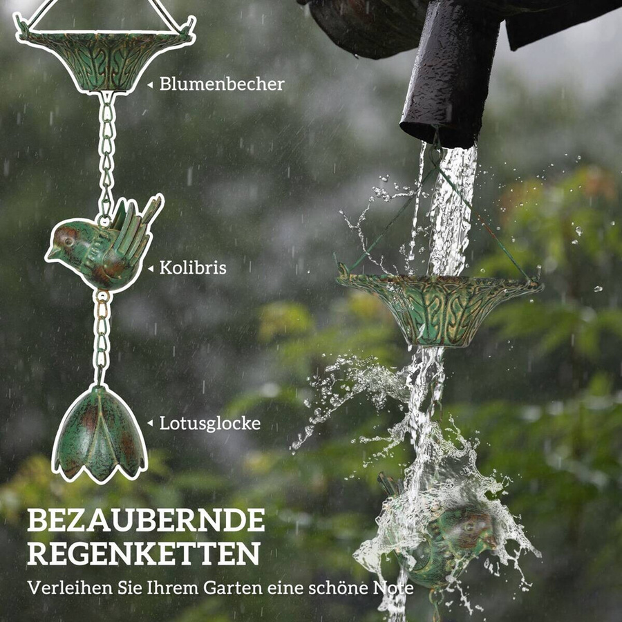 Outsunny Regenkette grün mit Blumen- und Vogelmotiven aus Metall, B/H/T: 12 x 123 x 12 cm - Bild 4