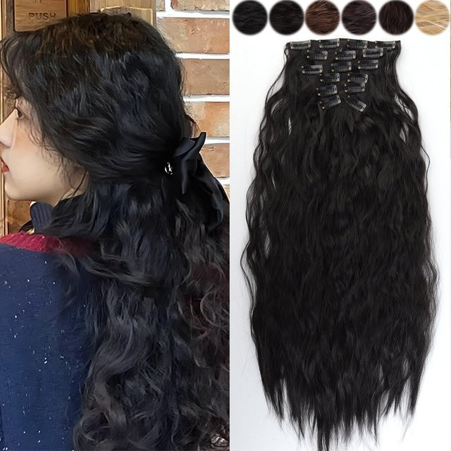 allaosify Clip-in-Haarverlängerungen, synthetisch, gewellt, 6 Stück/Set, Damen - Bild 1
