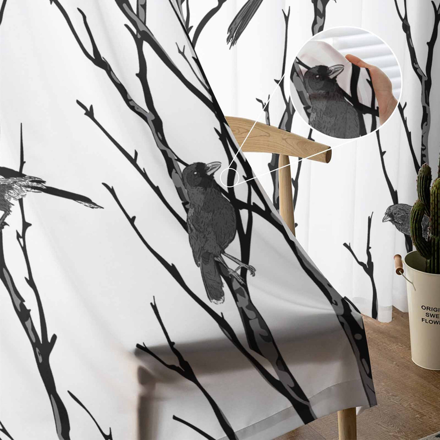 Transparente Voile-Vorhänge mit Vogel-Silhouette in Weiß, Tüll-Organza-Vorhang für Wohnzimmer und Küche, B: 135 cm, H: 115 cm - Bild 2