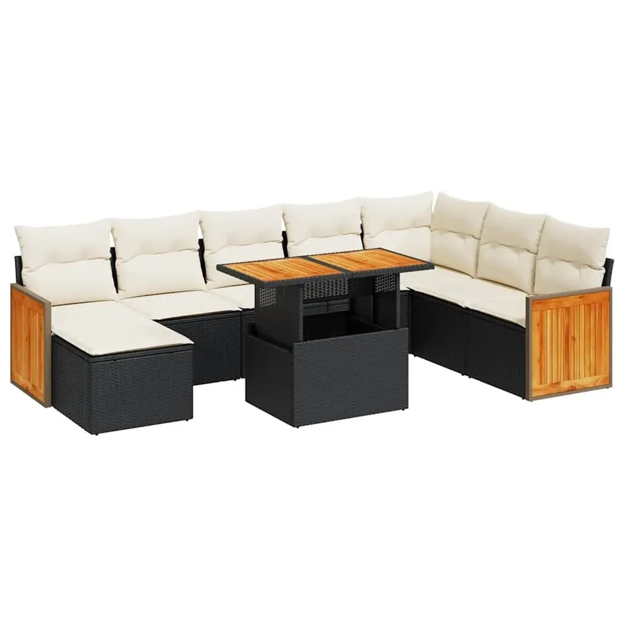 vidaXL 9-teilige Garten-Sofagarnitur aus Poly-Rattan und Akazienholz in Schwarz-Creme mit Kissen - Bild 2