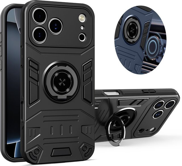 Clucy Stoßfeste Schutzhülle für iPhone 15 16 17 Pro Max Plus mit Ring-Ständer in Schwarz - Bild 1