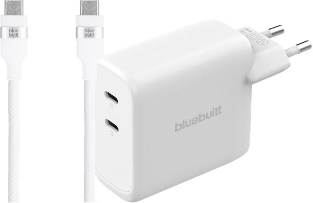 BlueBuilt 100-Watt-GaN-Ladegerät mit 2 USB-C-Ports in Weiß inklusive 240 W USB-C-Kabel aus Nylon (2 m) - Bild 1