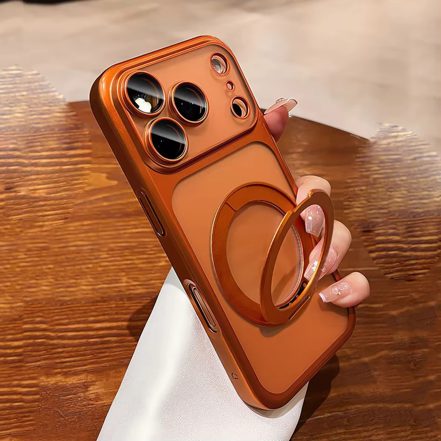 Loobival MagSafe Handyhülle aus galvanisierter Hartschalen-PC-Hülle mit Kamerafolie und drehbarem Ständer für iPhone 12 bis iPhone 17 Pro Max, mattierte Abdeckung in Gold oder Orange - Bild 3