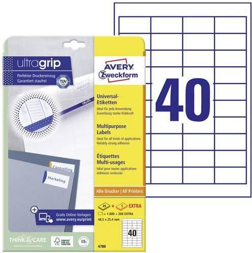 Avery Zweckform Universal-Etiketten Weiß, B: 48,5 mm, H: 25,4 mm, 1200 Stück - Bild 1