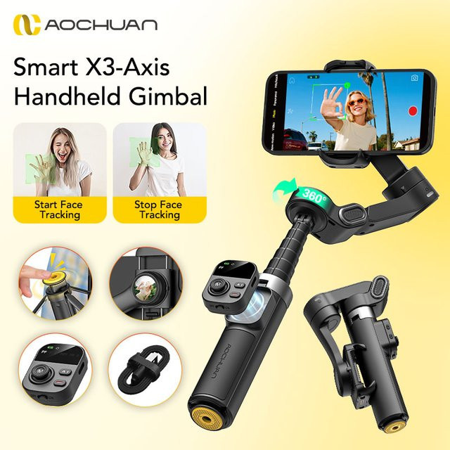 AOCHUAN Smart X3 3-Achsen-Hand-Gimbal-Stabilisator für Smartphones mit 360 Grad Rotation, abnehmbarer Fernbedienung und integrierter Verlängerungsstange, Schwarz - Bild 1
