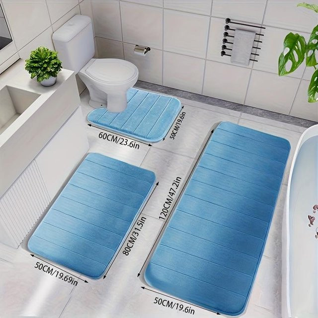 3-teiliges Bademattenset aus blauem Memory Foam von YC Direct, rutschfest und maschinenwaschbar - Bild 1