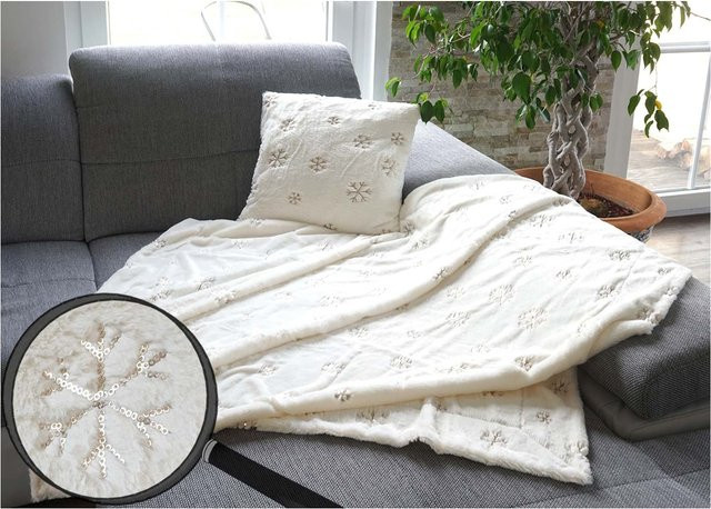 MCW Set aus Kuscheldecke und Deko-Kissen Schnee in Weiß mit Pailletten-Stickerei - Bild 1