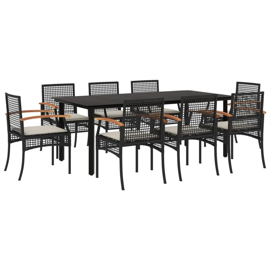 vidaXL 9-teilige Garten-Essgruppe aus Poly Rattan und Akazienholz in Schwarz mit cremeweißen Kissen und Glastisch - Bild 2