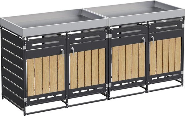 PXloue Mülltonnenbox mit Pflanzkasten in Anthrazit Grau mit vertikalen Holzmaserungspaneelen aus Metall, B/T/H: 120 x 79 x 4 cm