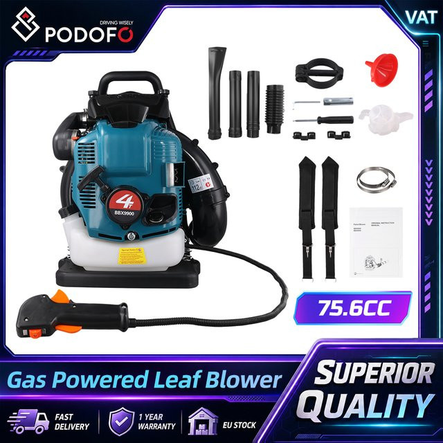 Podofo Benzinbetriebener Rucksack-Laubbläser in Blau mit 75,6 cm³ 4-Takt-Motor, 2,8 kW Leistung und 1,9 l Tank - Bild 1