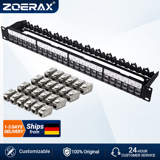 ZoeRax 24-Port RJ45 Patchpanel mit CAT7 Keystone-Buchsen und abnehmbarer Rückwand in Schwarz für Ethernet/LAN-Netzwerkkabel - Bild 1