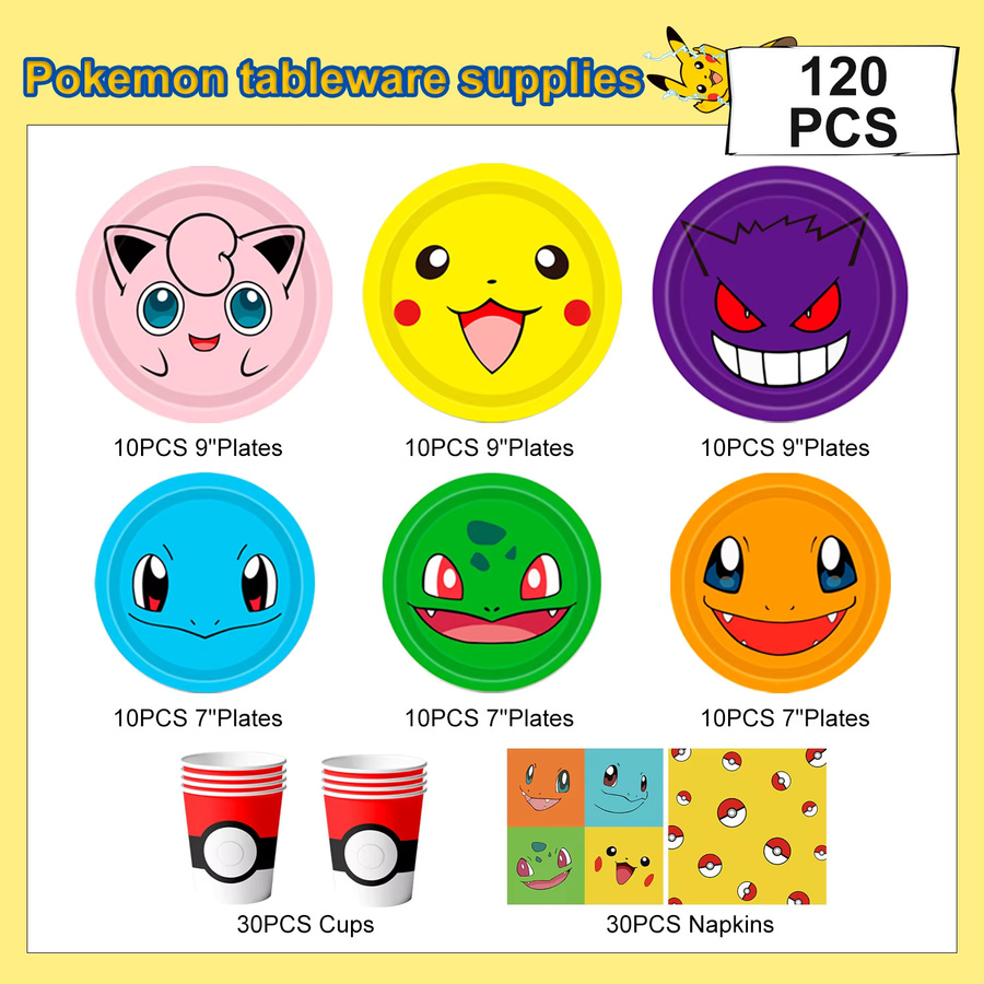 Potdemiel 120-teiliges Pokemon Party-Geschirr Set in Mehrfarbig für Kinder mit Tellern, Servietten und Bechern - Bild 5