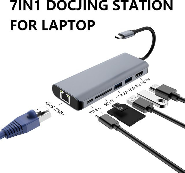 Gopala 7-in-1 USB-C Multi-Hub-Dockingstation in Grau mit HDMI, PD 100W, RJ45, SD/TF-Kartenleser und USB 3.0 für MacBook und Laptop - Bild 1