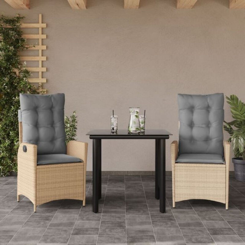 3-teilige Garten-Essgruppe aus Poly-Rattan mit Glasplatte und Kissen in Beige von vidaxl - Bild 1
