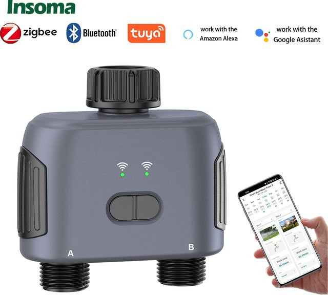 Insoma Automatischer Bewässerungstimer mit 2 Auslässen und Zigbee-Steuerung ohne Hub für die Gartenbewässerung - Bild 1