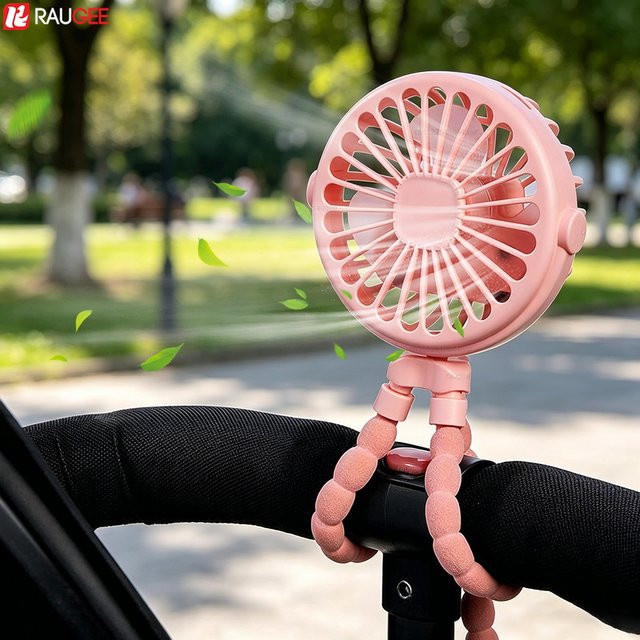 Raugee Mini Kinderwagen-Ventator Pink, tragbarer USB wiederaufladbarer Ventilator mit 360 Grad Drehung und flexiblem Stativ - Bild 1