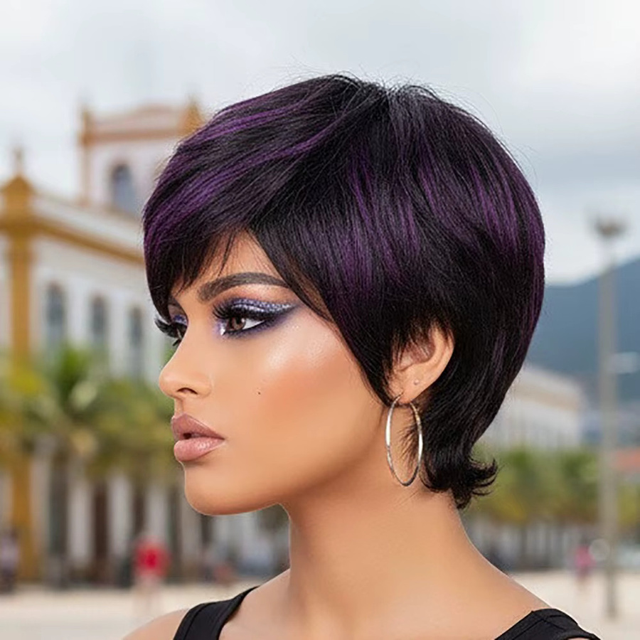 OYM HAIR Pixie-Perücke aus Echthaar, kurz, Schwarz-Lila, Damen - Bild 2