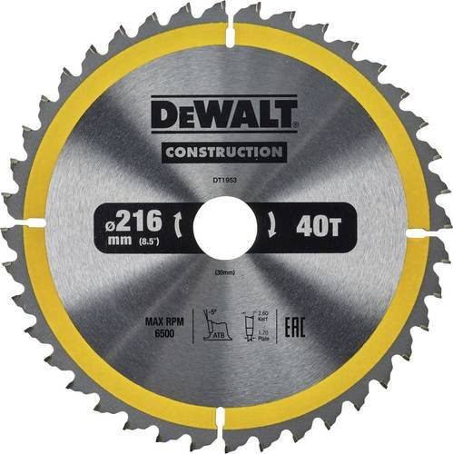 DeWalt Kreissägeblatt DT1953-QZ für stationäre Sägen, Durchmesser: 216 mm, 40 Zähne, Farbe: Silber - Bild 1