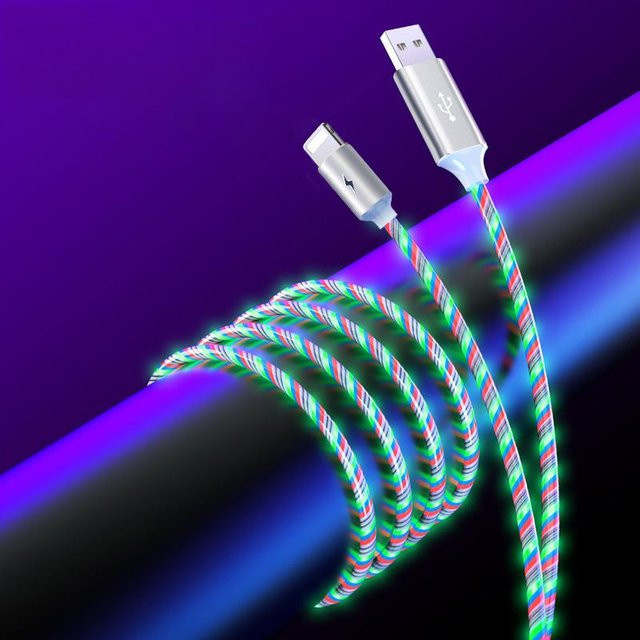 DUODUO LED Glow USB-Ladekabel mit fließenden Farben, 2,4 A, Typ C, Micro-USB und Lightning, 1 m, bunt - Bild 1