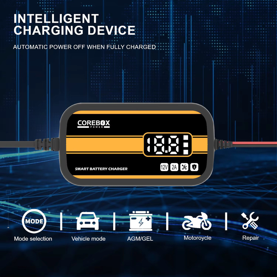 Intelligentes 12V 2A Automatik-Batterieladegerät für Auto, Wohnmobil, ATV und Boot mit LCD-Display, Schwarz-Orange - Bild 2